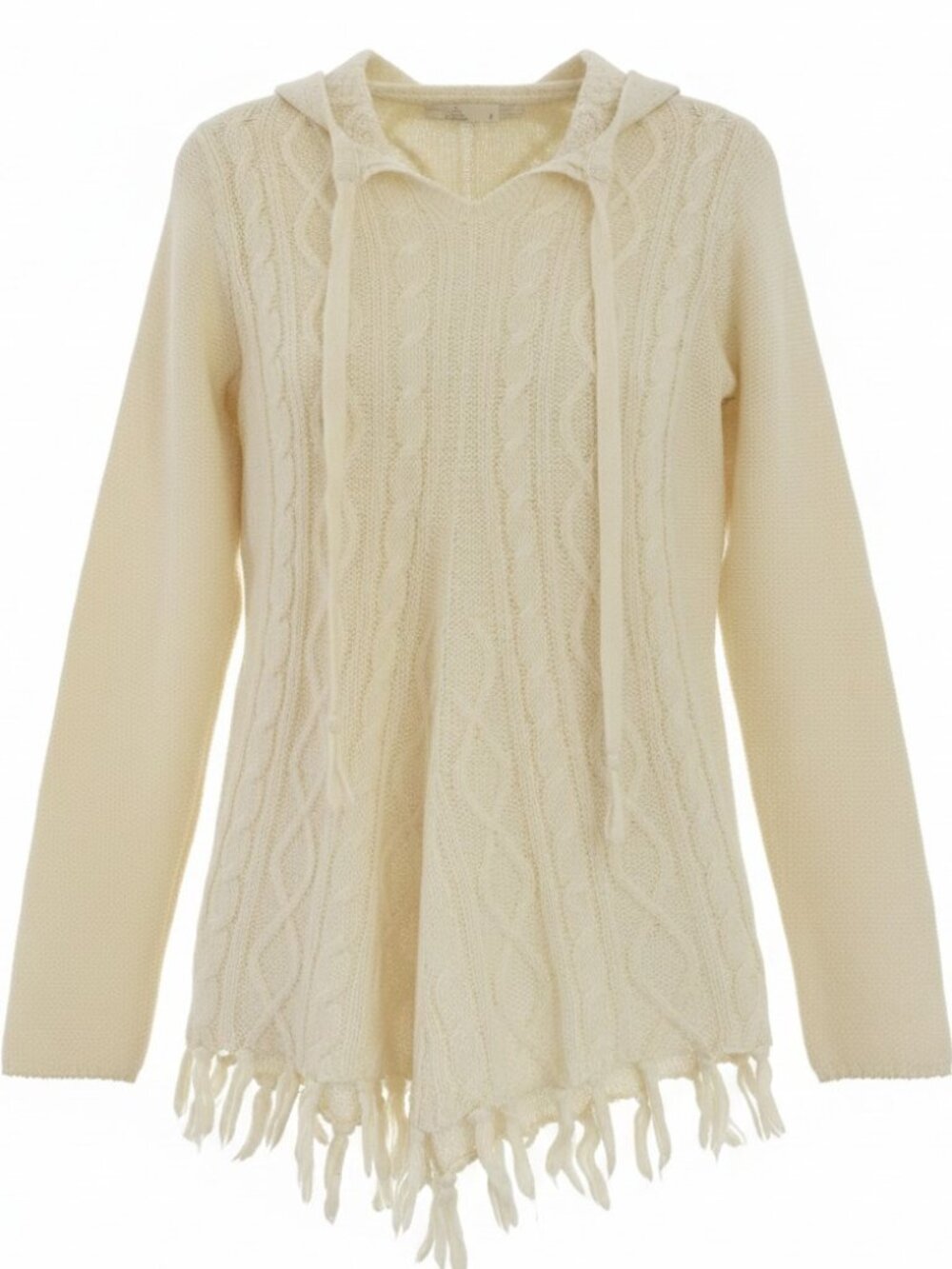 prAna Shelby Cable Knit Hooded Fringe Sweater Boho Cream Fall Cottagecore Small - Picture 2 of 9